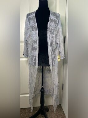 Alythea Grey Floral Lace Sheer Duster Kimono M/L Boho
